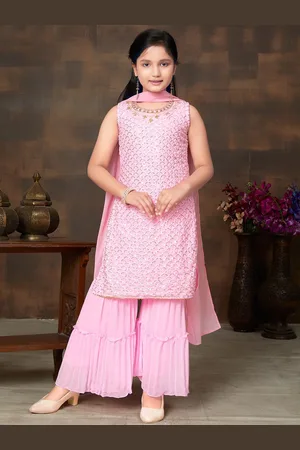 BAESD Girls Embellished Regular Sequinned Georgette Kurti With Sharara & Dupatta