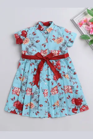 The Magic Wand Girls Floral Printed Shirt Collar Cotton Fit & Flare Dress