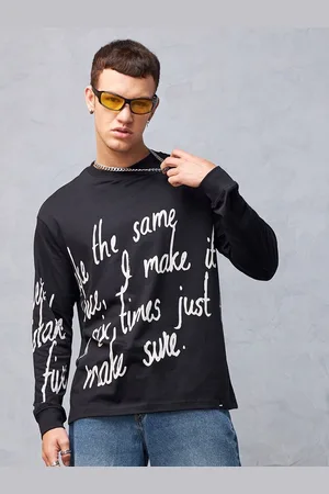 Bewakoof Black Typography Printed Round Neck Long Sleeves Cotton Oversized T-shirt