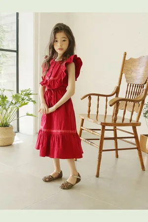 Stylecast Girls Red Round Neck Cotton A-Line Midi Dress