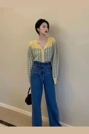 Stylecast Girls Yellow & Grey Checked Front-Open Sweatshirt