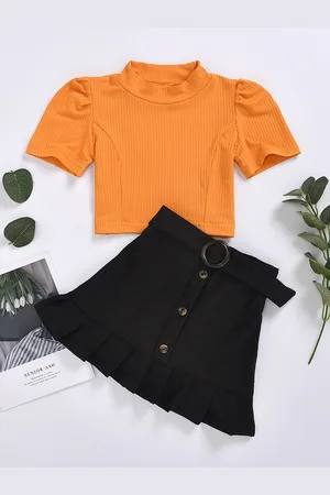 Stylecast Girls Orange & Black Ribbed Top with Skirt