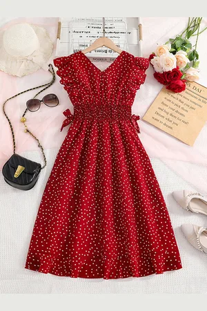 Stylecast Red Girls Polka Dot Printed V-Neck Smocked Detail Maxi Dress
