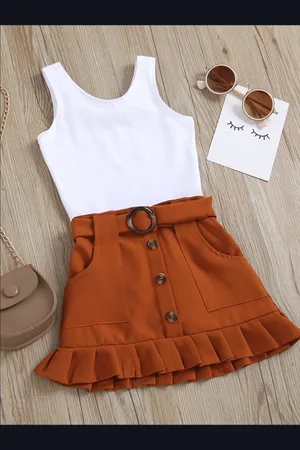 Stylecast Girls White & Brown Round Neck Leotard with Skirt
