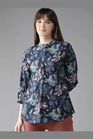 Cayman Tropical Print Mandarin Collar Tropical Longline Ethnic Top