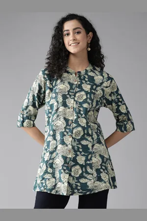 Cayman Floral Print Mandarin Collar Roll-Up Sleeves Longline Ethnic Top