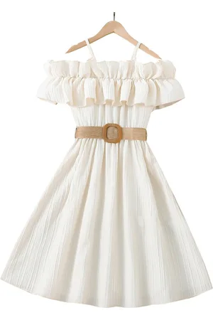 Stylecast Girls White Shoulder Straps Ruffles A-Line Maxi Dress With Belt