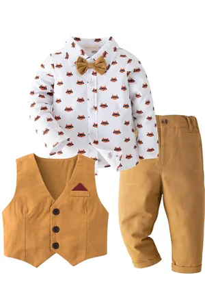 Stylecast White Boys Printed Shirt with Trousers & Wwaistcoat