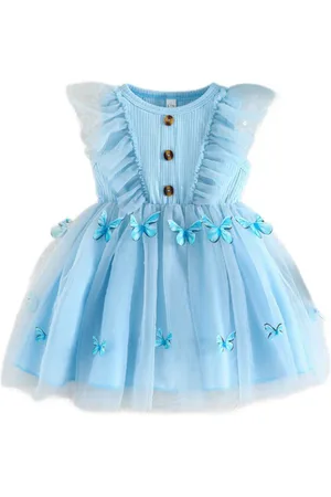 Stylecast Girls Blue Conversational Printed Ruffled Fit & Flare Dress