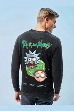 Bewakoof Black Rick and Morty Printed Round Neck Long Sleeves Cotton Pullover Sweatshirt