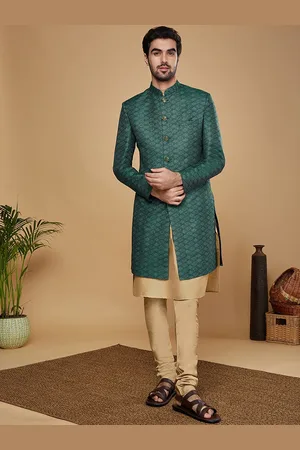 KISAH Men Floral Self Design Kurta & Churidar With Indowestern Sherwani Set