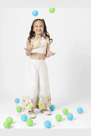 Nauti Nati Girls Printed One Shoulder Ruffles Pure Cotton Top with Trousers