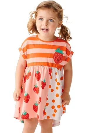 Stylecast Girls Orange Conversational Printed Extended Sleeves Cotton A-Line Dress