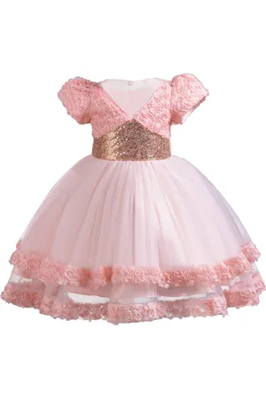 Stylecast Girls Pink Floral Self Design Puff Sleeves Sequinned Fit & Flare Maxi Dress