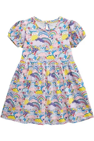 Stylecast Girls White Conversational Printed Puffed Sleeves Cotton Fit & Flare Dress