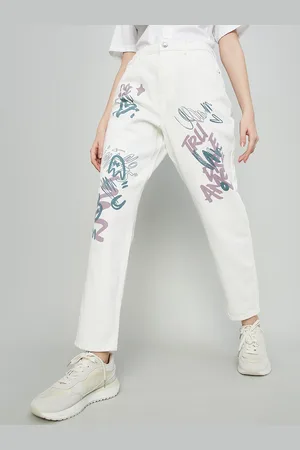 Lifestyle Women Mom Fit Clean Look Printed Pure Cotton Jeans