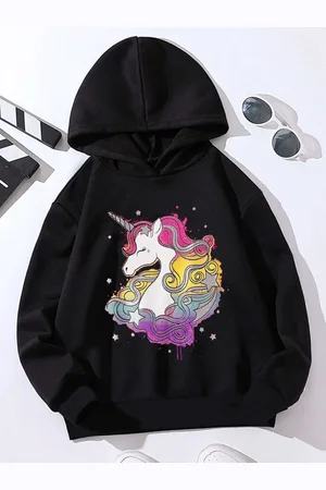 Stylecast Girls Black Unicorn Printed Hooded Pullover