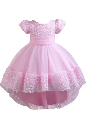 Stylecast Girls Pink Floral Self Design Puff Sleeves Fit & Flare High-Low Maxi Dress