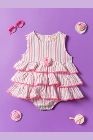 Nauti Nati Infant Girls Striped Layered Pure Cotton Fit & Flare Dress