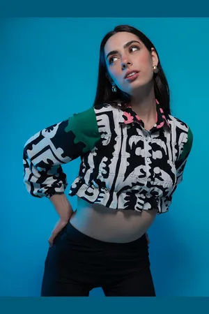 Stylecast Abstract Print Puff Sleeves Shirt Style Crop Top