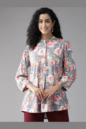 Cayman Floral Print Mandarin Collar Longline Ethnic Top