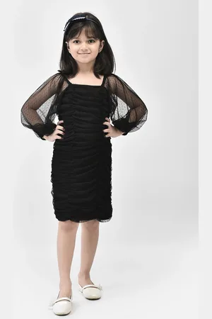 Eavan Girls Square Neck Puff Sleeves Net Ruched Sheath Dress
