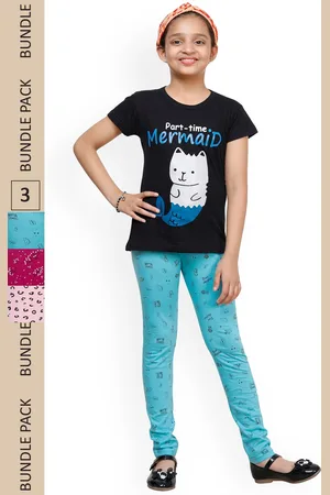 IndiWeaves Girls Pack Of 3 Printed Pure Cotton Churidar-Length Leggings