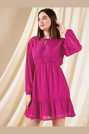 kibo Women Tie-Up Neck Puffed Sleeve Crepe Fit & Flare Dress