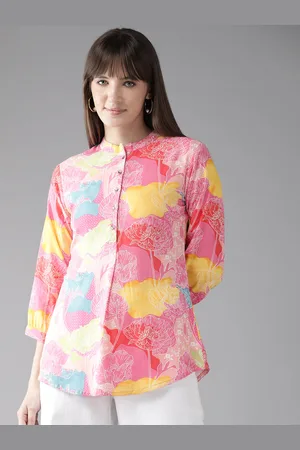 Cayman Floral Print Mandarin Collar Longline Ethnic Top