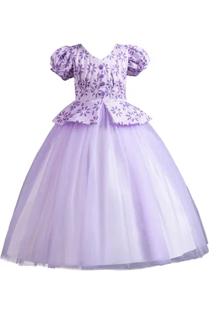 Stylecast Girls Purple Floral Printed Puffed Sleeves Fit & Flare Maxi Dress