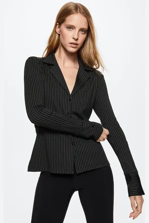 MANGO Women Black & White Pinstripes Sustainable Casual Shirt