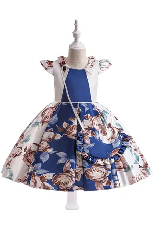 Stylecast Blue Girls Floral Printed Pleated Fit & Flare Maxi Dress