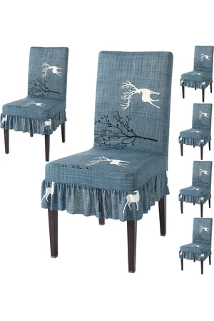 HOKIPO Teal Blue & White 6 Pieces Printed Stretchable Frill Chair Covers
