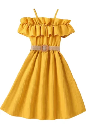 Stylecast Girls Yellow Shoulder Straps Ruffles A-Line Maxi Dress With Belt