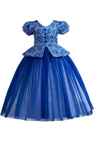 Stylecast Girls Blue Floral Printed Puffed Sleeves Fit & Flare Maxi Dress