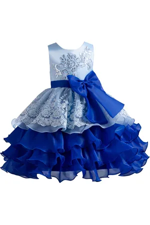 Stylecast Girls Blue Floral Embroidered Bow Detail Layered Fit & Flare Maxi Dress