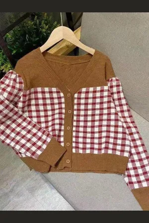 Stylecast Girls Brown & White Checked Cardigan Sweater