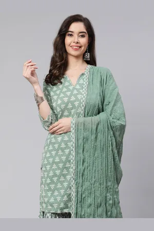 Jaipur Green Ethnic Printed Regular Cotton Gotta Patti Kurta With Sharara & Dupatta