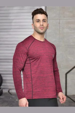 CHKOKKO Men Maroon Self Design Round Neck Sports T-shirt