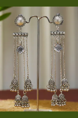 ATIBELLE German Silver-Plated Beaded Oxidised Floral Jhumkas