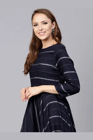 Jaipur Navy Blue & Off-White Cotton Striped A-Line Dress