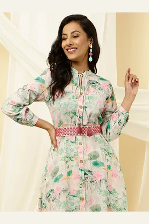Jaipur Floral Printed Belted Cotton A-Line Dress With Belt