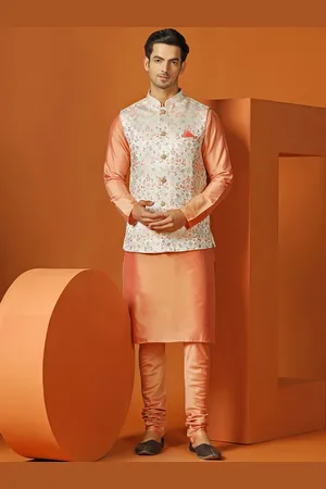 KISAH Men Peach-Coloured Kurta with Dhoti Pant & Nehru Jacket - Price  History
