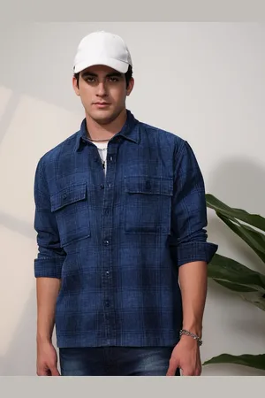 LocoMotive Men Premium Dobby Textured Checked Utility Pocket Overshirt