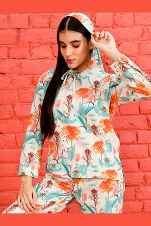 Jaipur Floral Printed Hooded Pure Cotton Top With Joggers