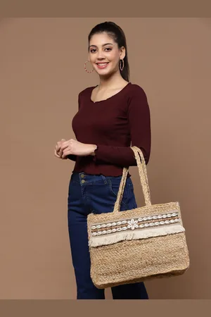 Anekaant Textured Fringed Jute Shopper Tote Bag