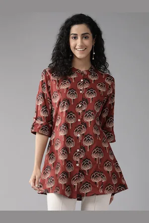 Cayman Floral Print Mandarin Collar Roll-Up Sleeves Longline Top