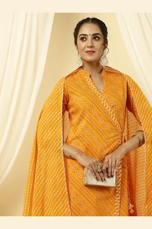 Jaipur Bandhani Printed Angrakha Pure Cotton Kurta With Trousers & Dupatta