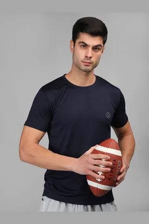 CHKOKKO Men Navy Blue Solid Round Neck Running T-shirt