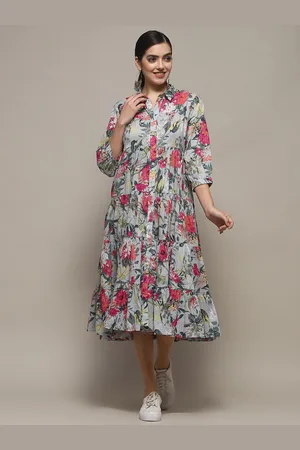 Biba Floral Printed Mandarin Collar Three-Quarter Sleeves A-Line Cotton Midi Dress